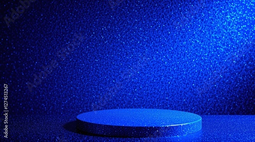 A circular platform with a glittery blue backdrop.