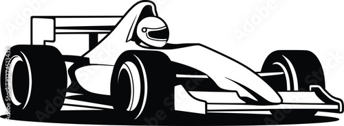 A black and white illustration of a race car On transparent white background