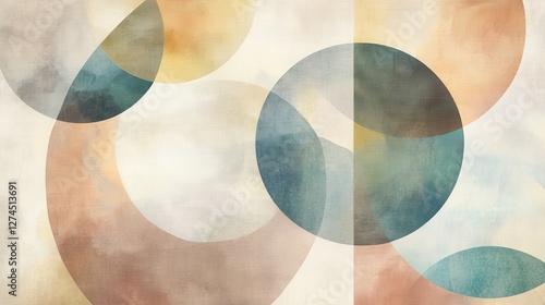 Abstract watercolor background with soft circular shapes in earthy tones, blending shades of blue, beige, brown, and soft texture patterns for artistic design