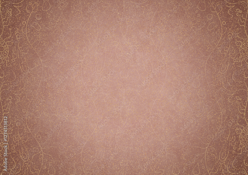 Fototapeta premium Hand-drawn abstract ornament. Light semi transparent pale pink and golden splatter on a pale pink back, with vignette of same pattern in gold on a darker color. Paper texture. A4. (pattern: p13-1b)