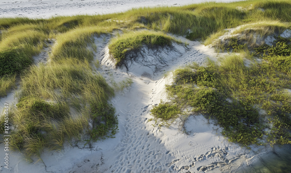 Windswept dunes and seagrass viewed from a bird's-eye perspective, highlighting the coastal beauty Windswept dunes and seagrass viewed from a bird's-eye perspective, highlighting the coastal beauty