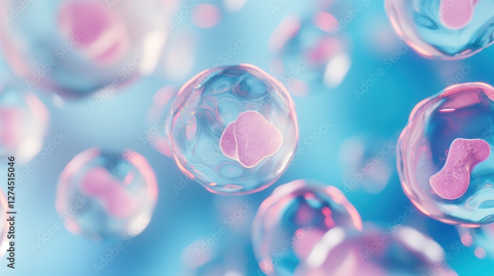 transparent pinkish spheres floating on a soft blue background with nucleus detail, glowing highlights, copyspace concept of healthcare, biotechnology transparent pinkish spheres floating on a soft blue background with nucleus detail, glowing highlights, copyspace concept of healthcare, biotechnology