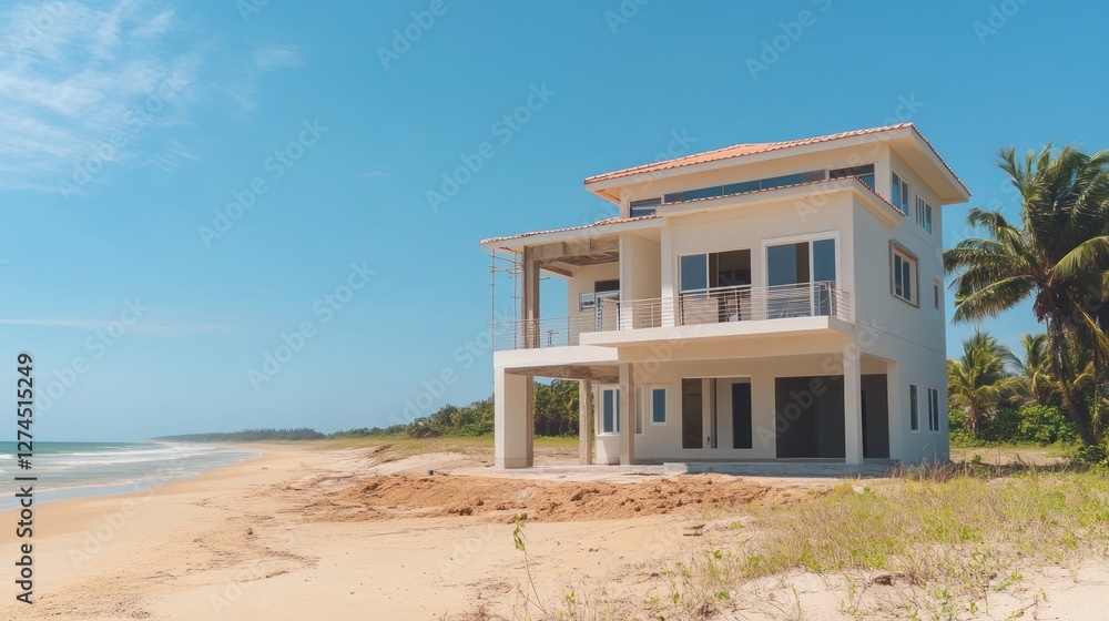 Modern beach house under clear blue sky by ocean Modern beach house under clear blue sky by ocean