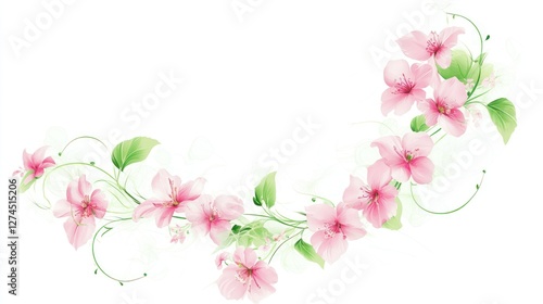 Pink floral garland design, spring blossoms, white background, wedding invitation