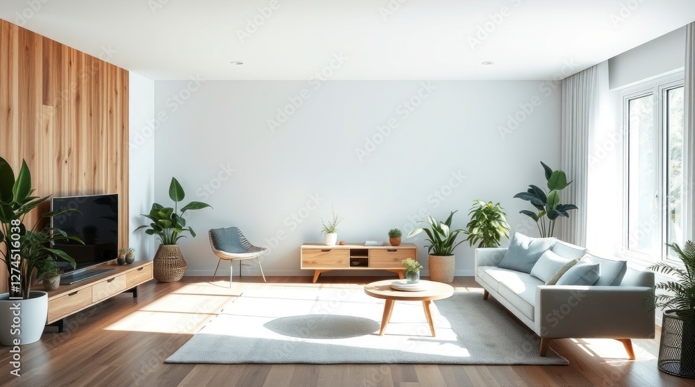 Fototapeta premium Modern Living Room Design with Light Sofa and Wood Accents