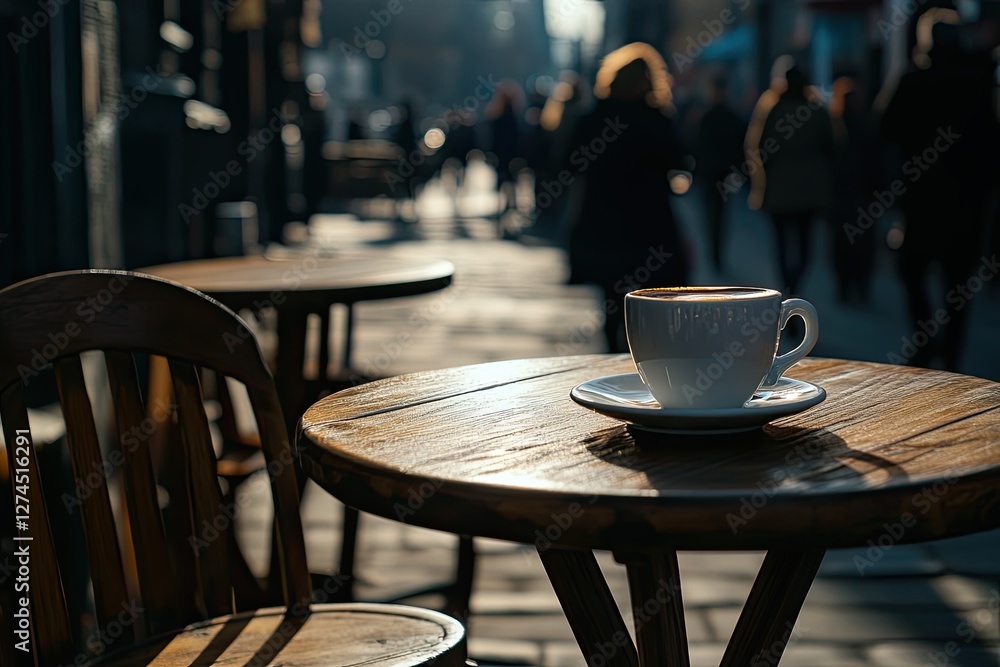 In an autumnal atmosphere, an outdoor cafe stands empty with its chairs and tables, surrounded by a vintage scene, embodying a true seasonal spirit In an autumnal atmosphere, an outdoor cafe stands empty with its chairs and tables, surrounded by a vintage scene, embodying a true seasonal spirit
