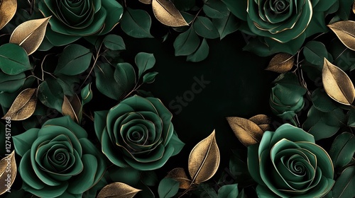 Fototapeta Naklejka Na Ścianę i Meble -  Elegant 3D floral design with deep emerald green roses and gold-accented leaves, creating a luxurious and sophisticated look.