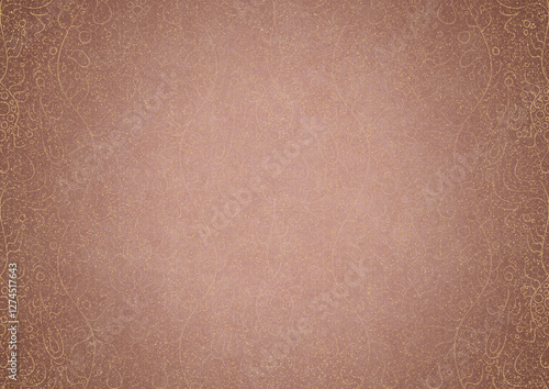Hand-drawn abstract ornament. Light semi transparent pale pink and golden splatter on a pale pink back, with vignette of same pattern in gold on a darker color. Paper texture. A4. (pattern: p13-2b)