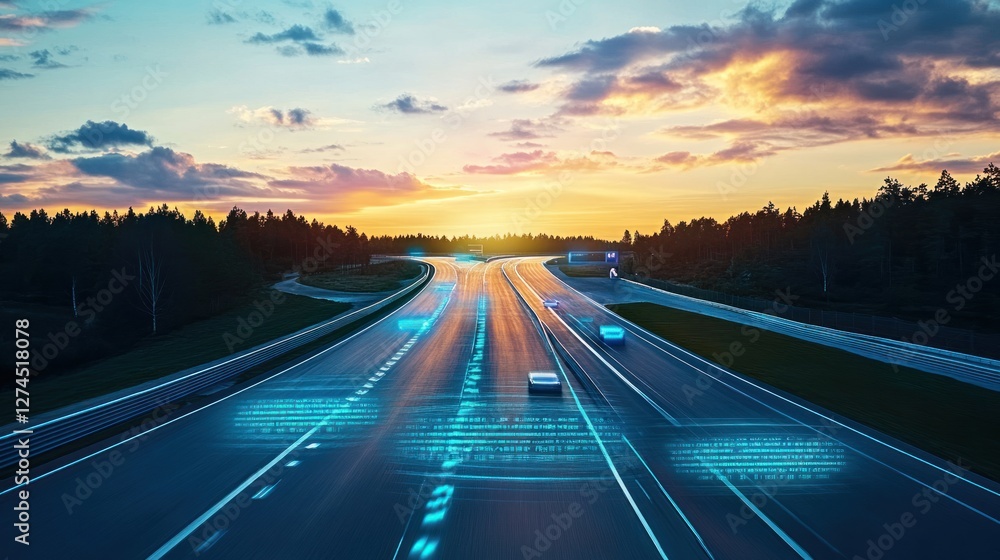 Obraz premium Autonomous Vehicles Navigating a Highway at Sunset