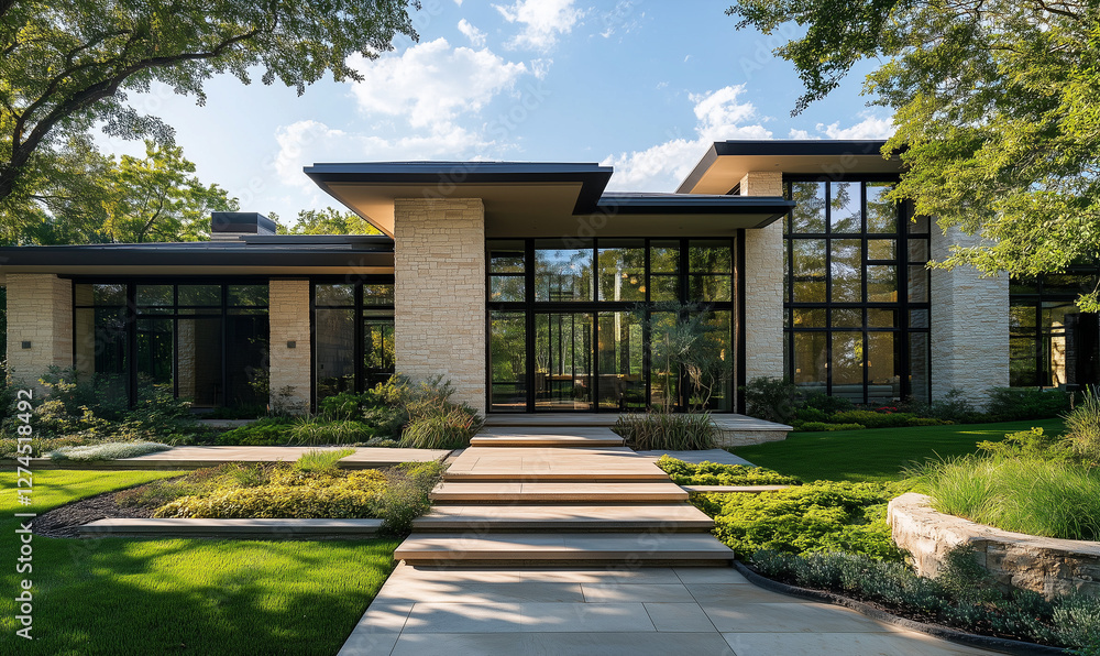 High-end house with a bold threshold and radiant greenery surrounding the luxurious residence. High-end house with a bold threshold and radiant greenery surrounding the luxurious residence.