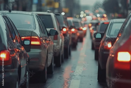 City traffic jam, cars in row, tail lights, urban street background, rush hour commute congestion