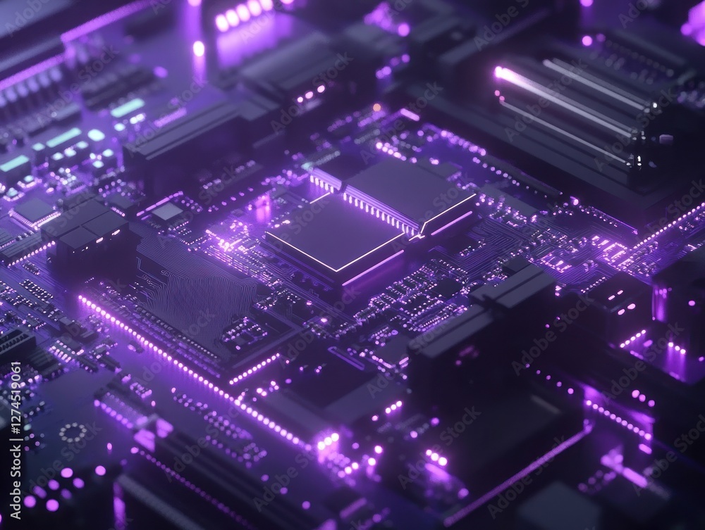 Futuristic purple circuit board with glowing components Futuristic purple circuit board with glowing components