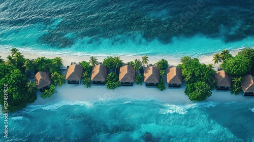 Tropical Island Paradise: Aerial view of a stunning tropical island with quaint houses, offering a serene escape surrounded by turquoise ocean, a true haven for relaxation.