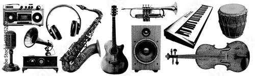 Set of music and instrument halftone grunge vector design elements