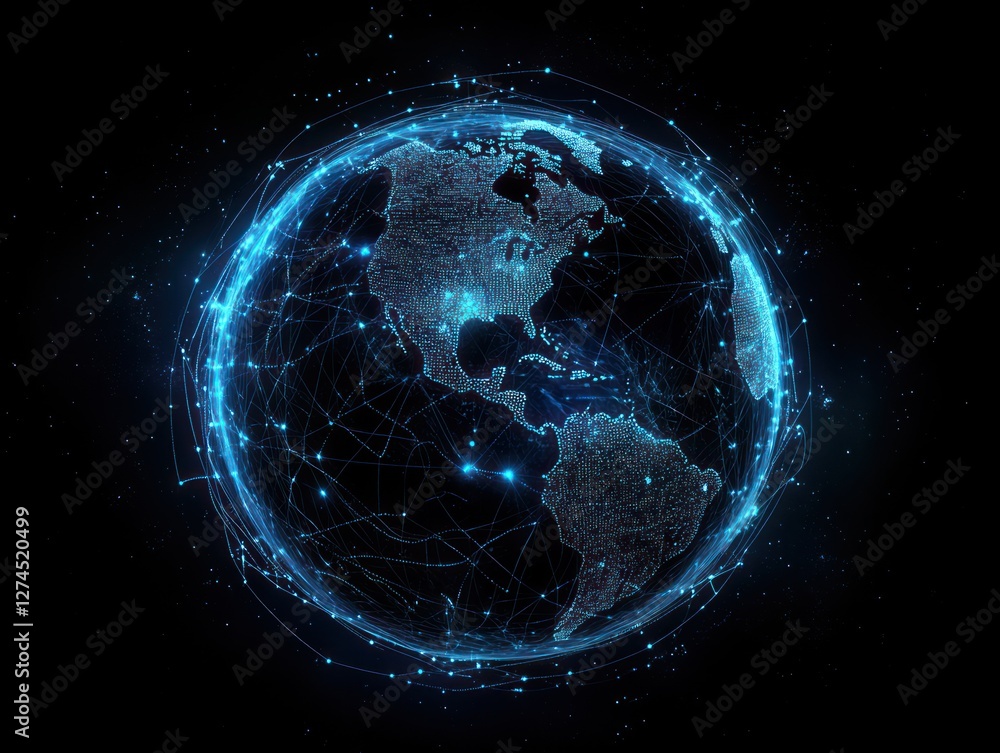 Obraz premium A digital representation of Earth showcasing interconnected networks and data flow, symbolizing global communication and technology advancements