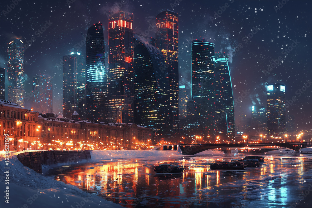 Obraz premium A vibrant winter cityscape illuminated by skyscrapers against a snowy backdrop, capturing the essence of urban life in the cold season.