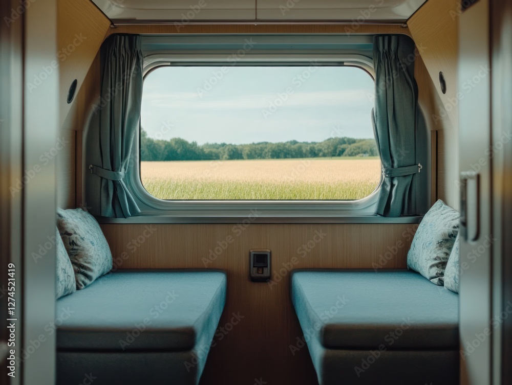 Cozy train compartment with soft blue seating and scenic view of green fields under a clear sky, perfect for travel photography Cozy train compartment with soft blue seating and scenic view of green fields under a clear sky, perfect for travel photography