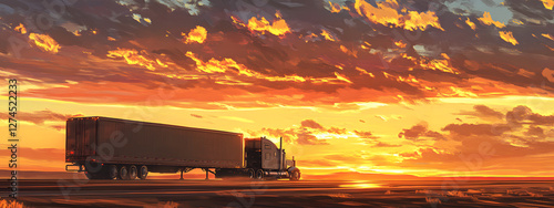 A truck is driving on the highway, with the setting sun in the background

