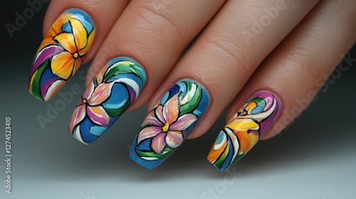 Wallpaper Mural Bright tropical-themed nail art with colorful floral patterns Torontodigital.ca