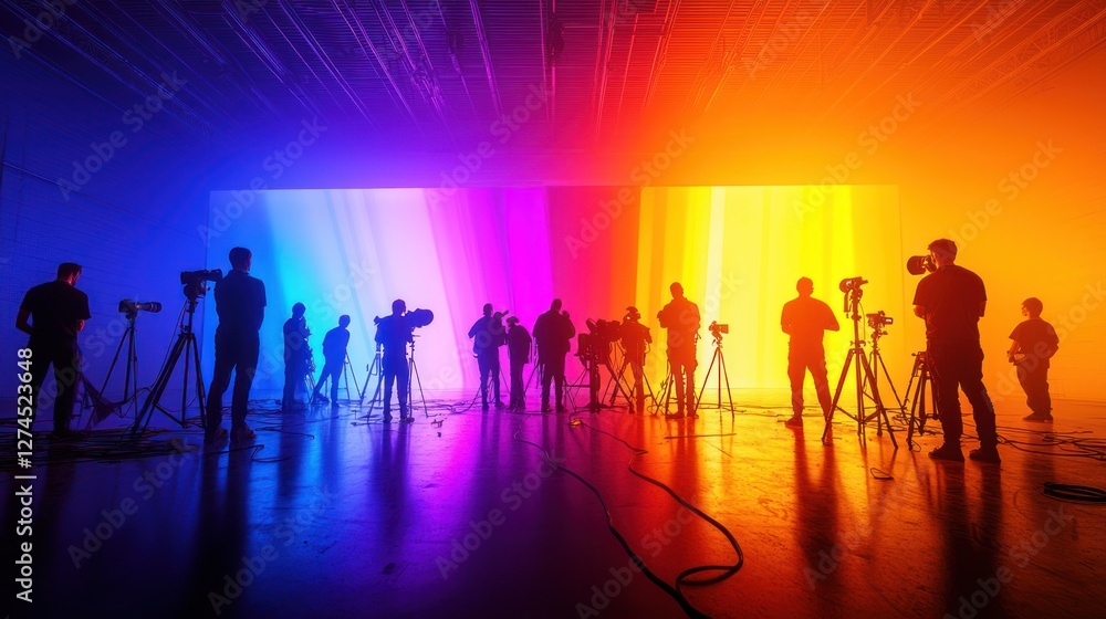 Fototapeta premium Silhouetted Film Crew in Vibrant Studio Setting