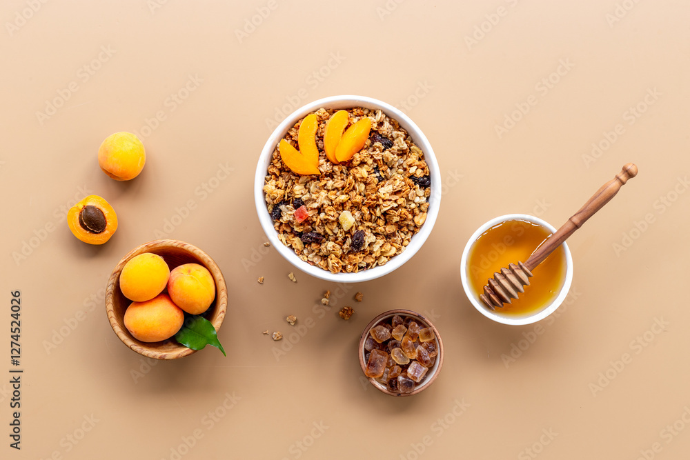 Top view of breakfast with oatmeal granola and ingredients. Healthy morning routine Top view of breakfast with oatmeal granola and ingredients. Healthy morning routine