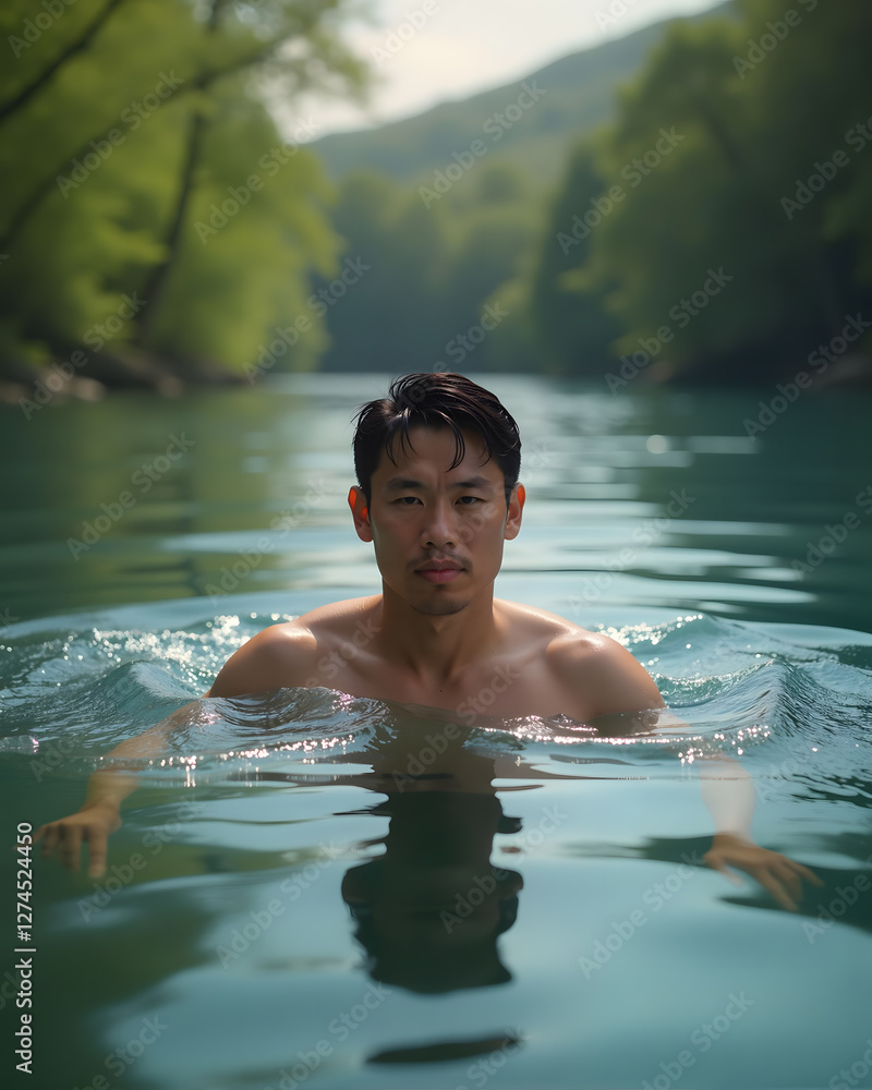 Fototapeta premium Asian man enjoying wild swimming in a clear forest river for cold water therapy, mindfulness, and outdoor wellness lifestyle