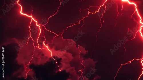 Intense red lightning storm illuminates dramatic night sky with electric energy