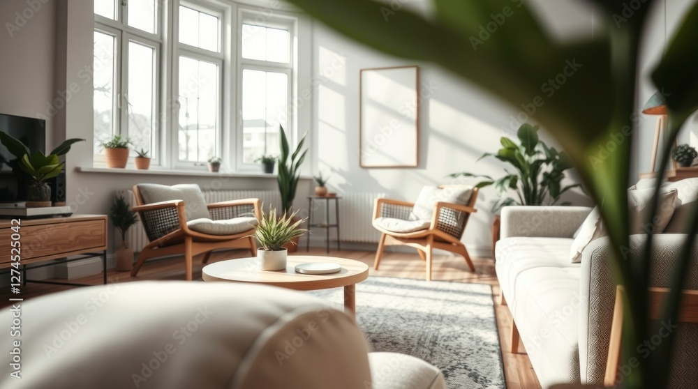 Sunlit Living Room Design with Modern Chairs and Plants Sunlit Living Room Design with Modern Chairs and Plants