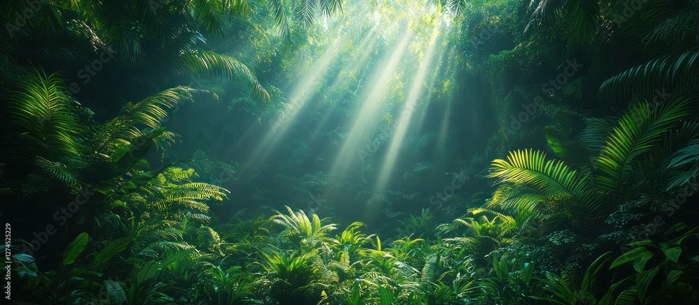 Sunbeams illuminating lush, green, tropical foliage in a dense forest. Sunbeams illuminating lush, green, tropical foliage in a dense forest.