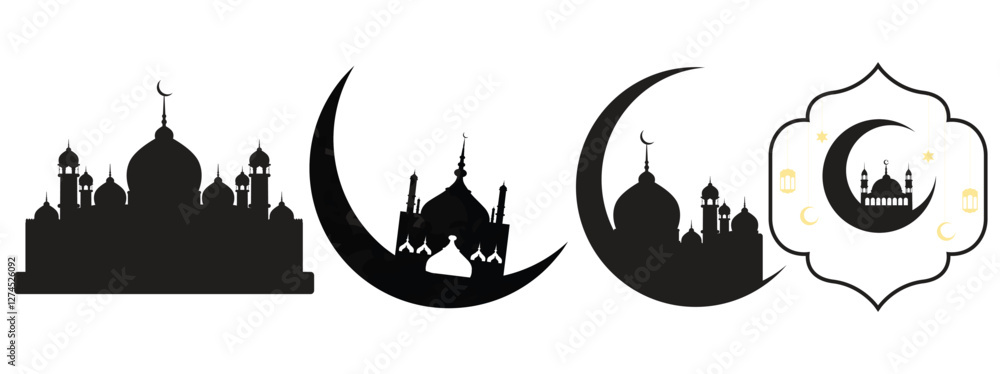 Fototapeta premium Ramadan Kareem Crescent Moon with Mosque Silhouette Design