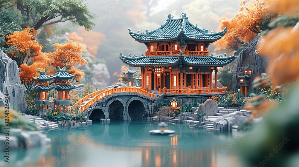Obraz premium Historic Chinese temple overlooking calm lake high resolution hd image