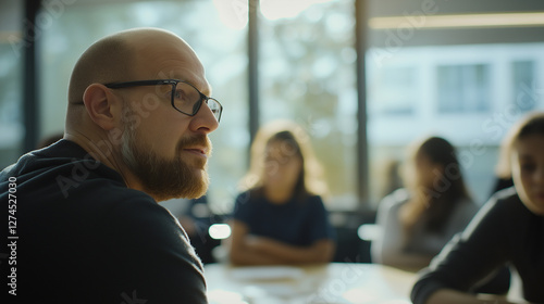 Seitenansicht eines Mannes mit Glatze und Brille während einer Konferenz. Helles Tageslicht durch große Fenster, unscharfer Hintergrund mit Teilnehmern photo