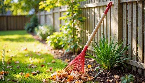 Urban gardening with rake leaning on picket fence, seasonal cleanup photo