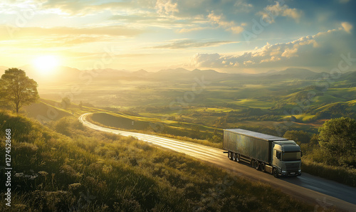 Robust transport truck on a scenic rural lane, showcasing power and nature in one harmonious view. photo