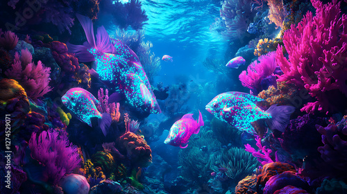 Wallpaper Mural shallow sea view with neon colored fish and marine life Torontodigital.ca