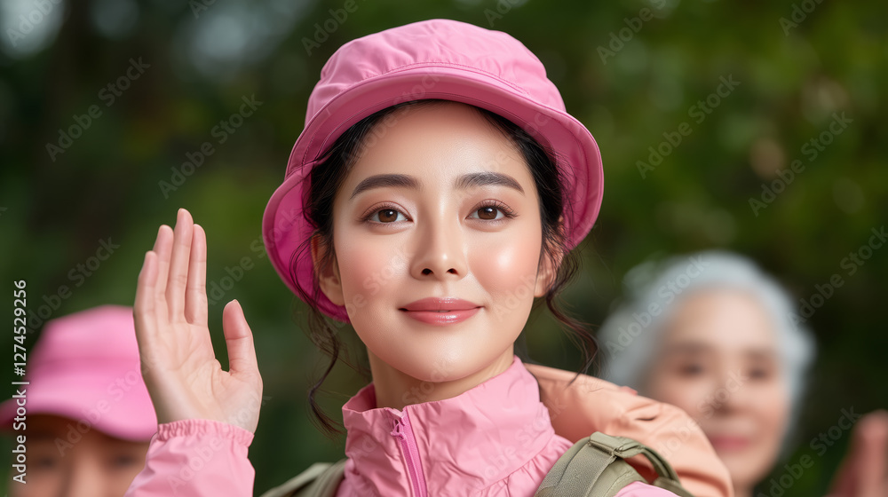 Smiling Asian woman wearing pink bucket hat and jacket waving during an outdoor group hiking trip. Blurred companions in background. Rural tourism and eco-friendly travel concept. Smiling Asian woman wearing pink bucket hat and jacket waving during an outdoor group hiking trip. Blurred companions in background. Rural tourism and eco-friendly travel concept.