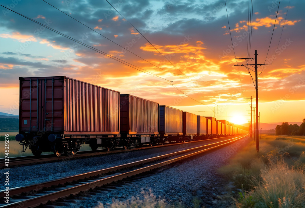 Fototapeta premium A long freight train carrying shipping containers moves along railway tracks at sunset, symbolizing the logistics and global trade concept. The warm lighting enhances the theme of transportation.