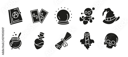 Magic icon set black. Mystical and occult vector illustration. Collection of spell book, crystal ball, potion, tarot cards and witch hat. Symbols of wizardry, ghost, skull and alchemy silhouette.