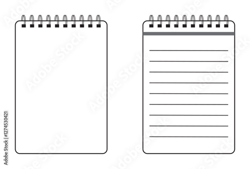 Realistic notebook sheet. Notebook illustration template, blank paper with a connecting iron spiral. Vector illustrations