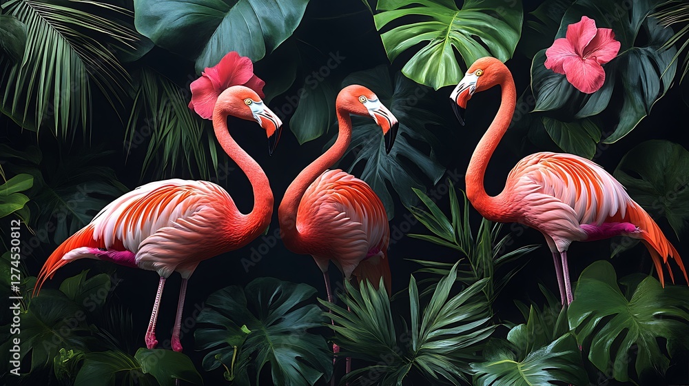 Fototapeta premium Lush rainforest scene with elegant flamingos high resolution hd image