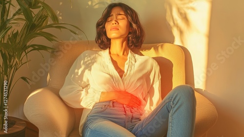 Young Caucasian woman in white blouse suffering from painful period cramps sitting in cozy home environment