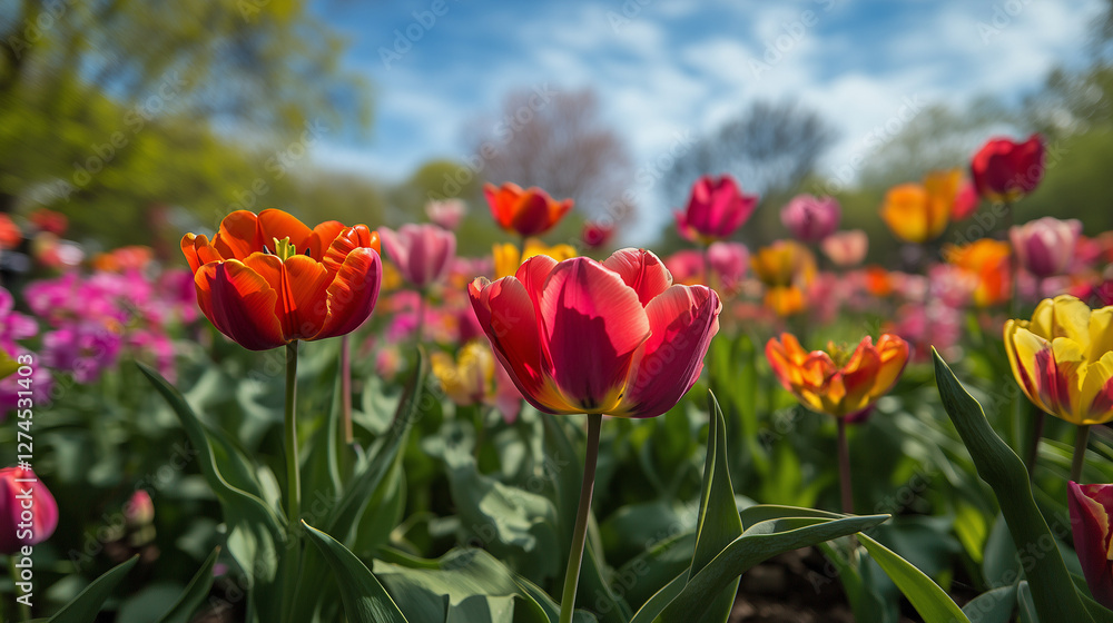 Spring flowers blooming in a field, viewed from the ground for a fresh and vibrant springtime feel. Spring flowers blooming in a field, viewed from the ground for a fresh and vibrant springtime feel.