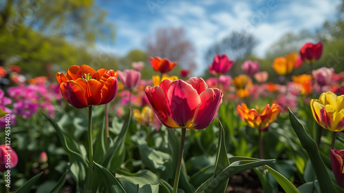 Spring flowers blooming in a field, viewed from the ground for a fresh and vibrant springtime feel.