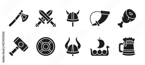 Medieval warrior icon set black. Viking and ancient warrior vector illustration. Includes helmet, axe, shield, sword, battle horn, ship, hammer and beer mug. Nordic history armor symbols silhouette. photo