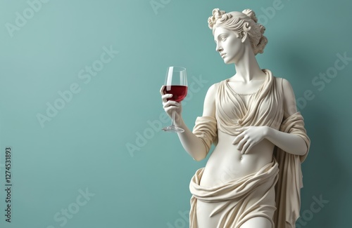 Arrogant sculpture of woman with red wine glass in hand on pastel blue background. Marble statue goddess. Ancient art. Celebration, toast concept, alcohol beverage.
