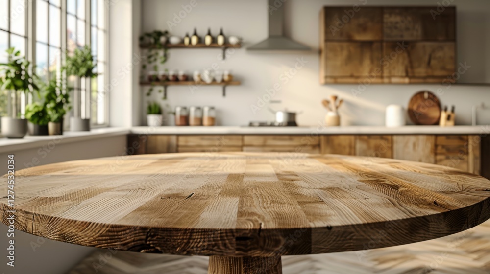 Clean kitchen interior with a round wood countertop, perfect for product montages or banners Clean kitchen interior with a round wood countertop, perfect for product montages or banners