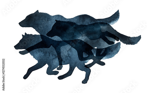 Watercolor silhouette of a pack of running wolves on a transparent background