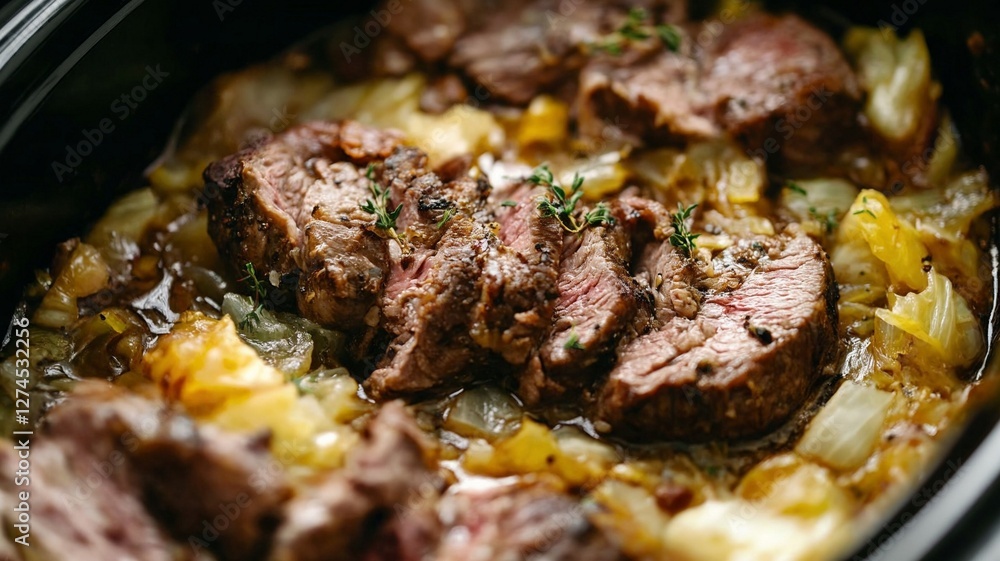 Tender sliced corned beef with cabbage in slow cooker simmering in rich broth and copy space Tender sliced corned beef with cabbage in slow cooker simmering in rich broth and copy space