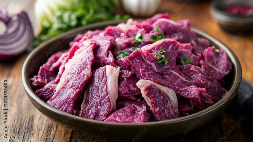 Obraz premium Raw sliced corned beef with herbs in a bowl on wooden table with copy space