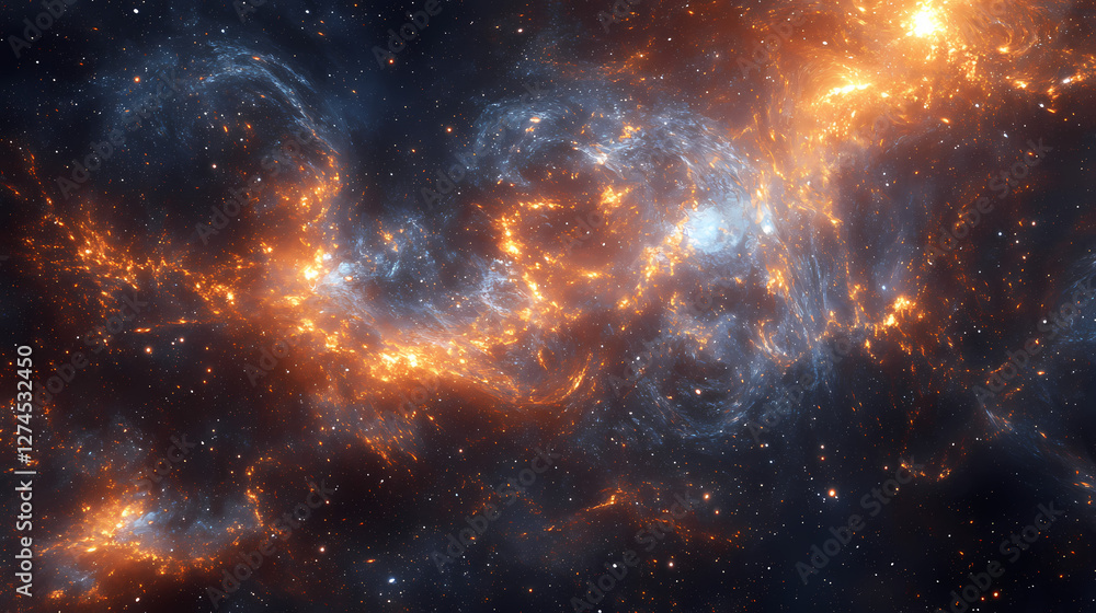 Fototapeta premium Illuminated cosmic stream of particles abstract space digital art galactic environment wide-angle view visual concept. Galactic Optical Illusions. Illustration